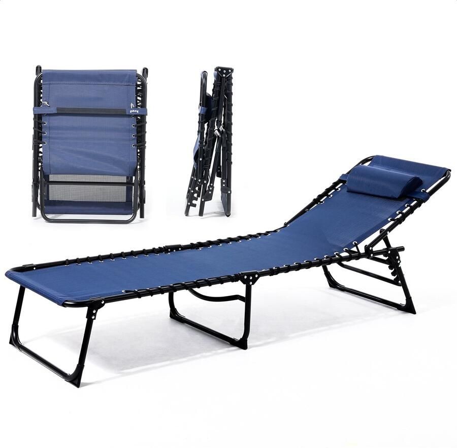 Goliving Ligbed 5 Standen 188 x 56 x 29 cm Inklapbaar Zonnebed Opvouwbaar Strandbed Ligstoel Tuin Inclusief Hoofdkussen Verstelbare Rugleuning Blauw