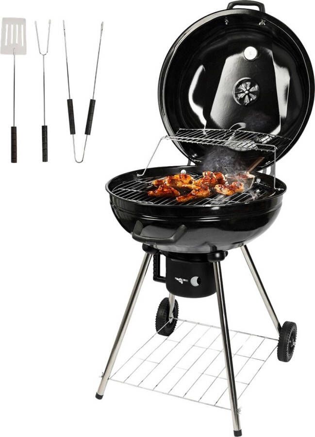 Goliving Houtskool Barbecue Ø54 cm Inclusief Accessoires Houtskoolbarbecues op Wielen XXL BBQ met Deksel Rond 65 x 89 cm Zwart Metaal