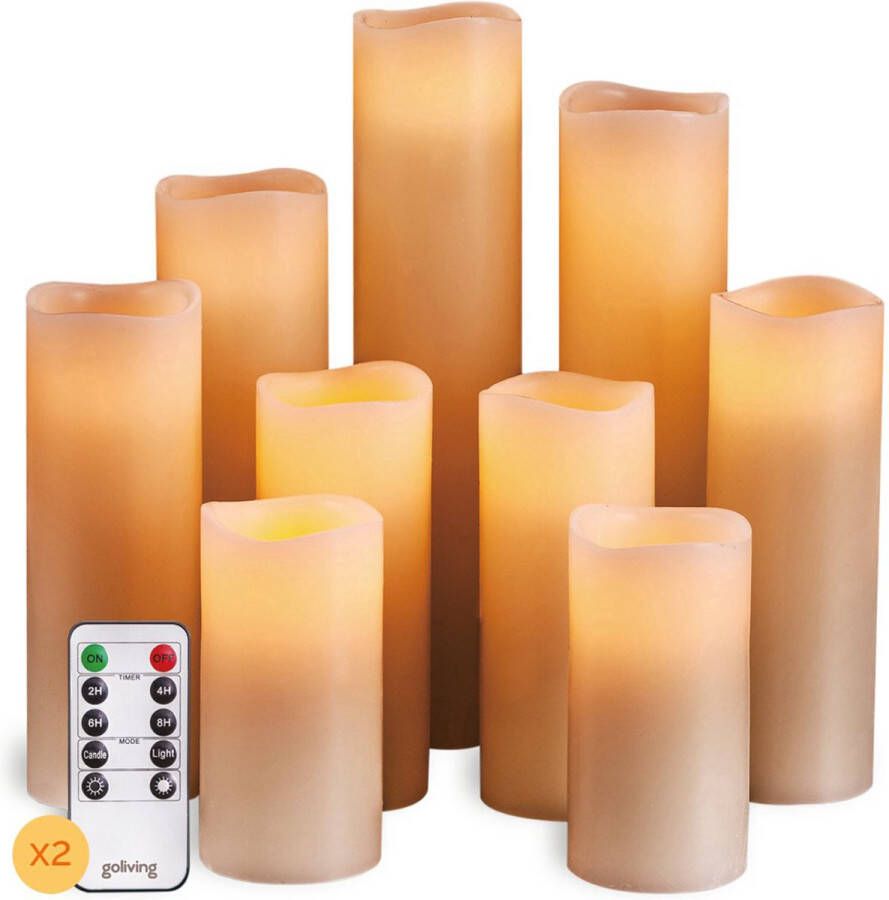 Goliving Led Kaarsen Met Afstandsbediening Bewegende Vlam Echte Wax 2x Afstandsbediening Set van 9