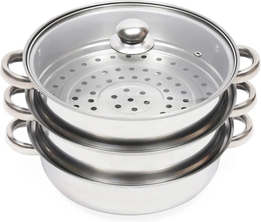 GoMyShop.nl 3-Laags Grote Roestvrijstalen Stoomkoker Stoomboot Set met Glazen Deksel Stoompan voor Voedsel en Groenten Roestvrij Staal Pan Koken van Vlees Vis Groenten Oesters