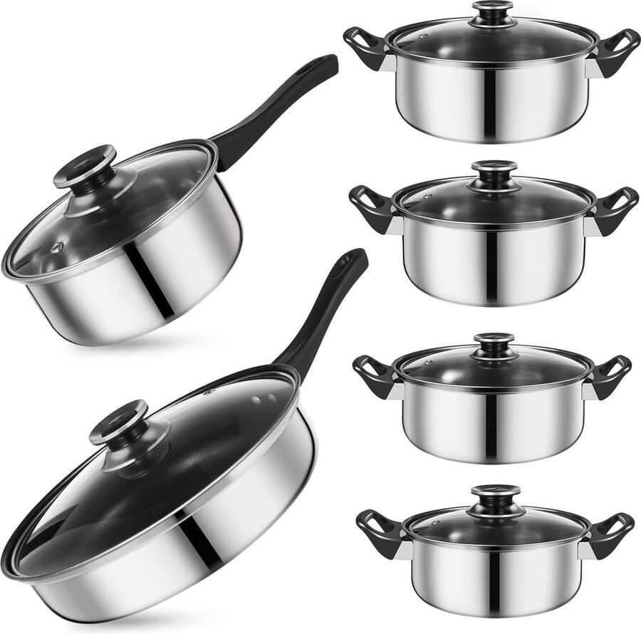 GoMyShop.nl 6-Delige Roestvrijstalen Kookgerei Set Koekenpan Wokpan Steelpan Melk- en Soeppan Geschikt Voor Gasfornuis en Inductiekookplaat Pannenset Met Ergonomische Handgrepen Zilver