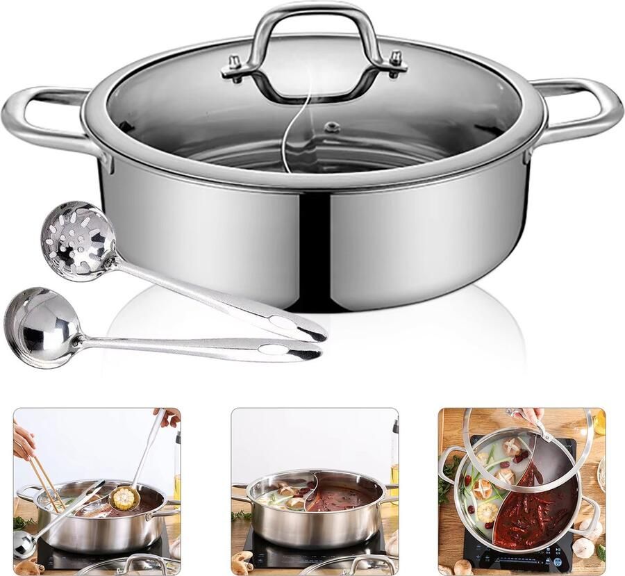 GoMyShop.nl Luxe Hot Pot RVS Kookpan Inductie Hotpot met Verdeler 32 cm Voor Gas Inductie & Elektrisch Inclusief Deksel & 2 Soeplepels