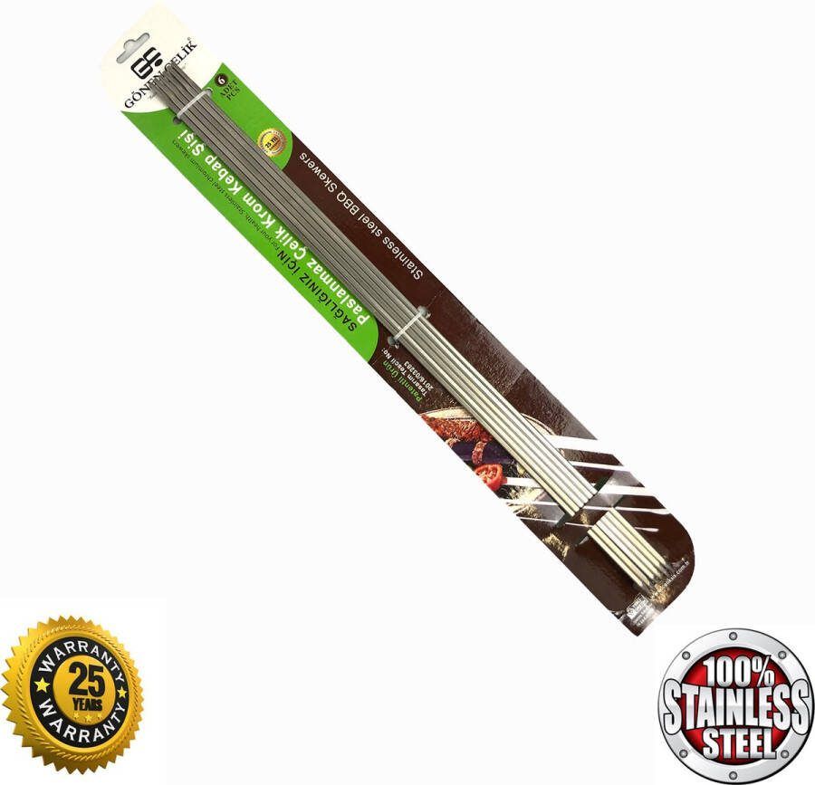 Gonen Celik 50 cm. Kebab Spiezen Set Van 6 Roestvrij Chroomstaal 25 Jaar Garantie Barbecue Skewers Vleespennen Voor Vlees En Groente RVS Adana Sis Kebab Sis BBQ Dunne Spiezen BBQ Spiezen