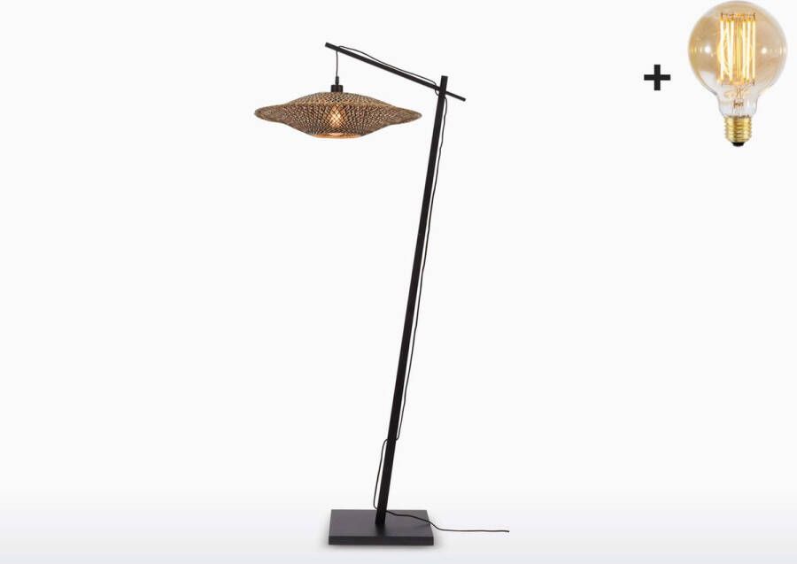 GOOD&MOJO Vloerlamp BALI Zwart Bamboe Voetstuk (h. 176cm) Medium Kap (60x15cm) Met LED-lamp