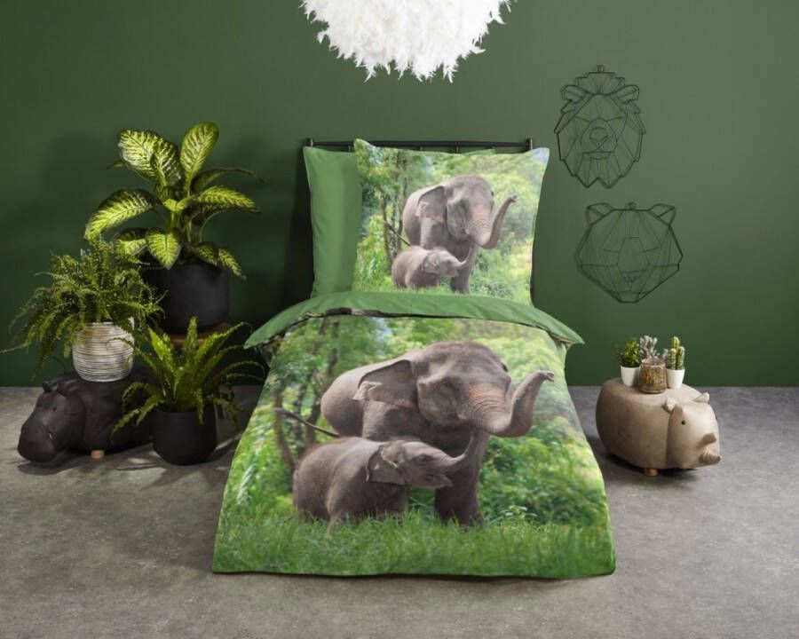 Good Morning Bettbezug (Deutsche Version) Elephants 135x200+1-80x80 kids nr.30754 groen