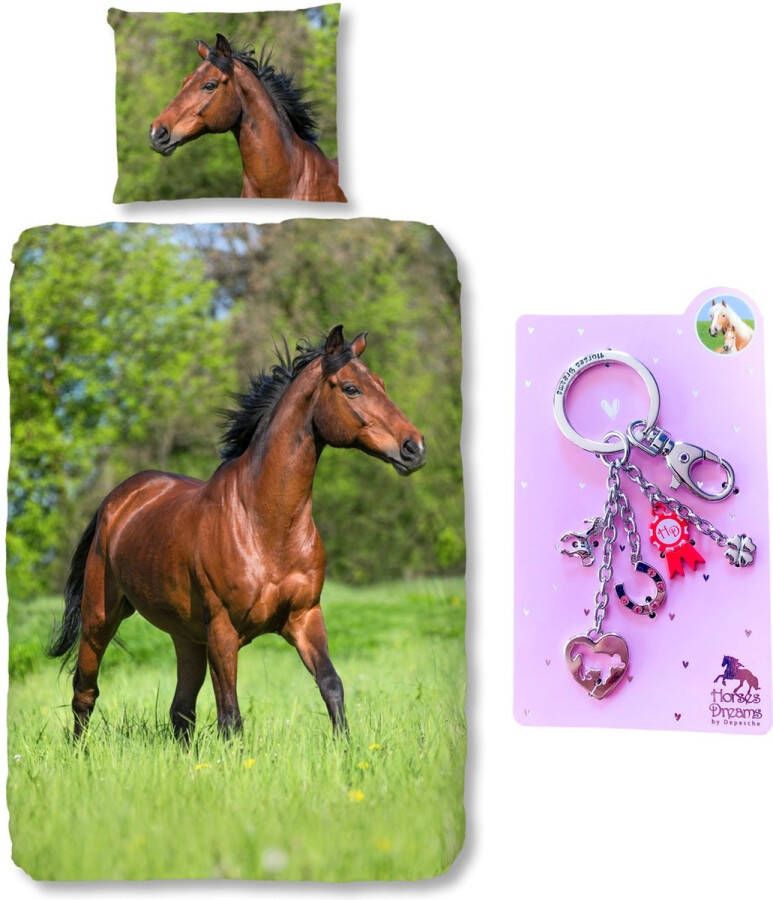 Good Morning Dekbedovertrek bruin Paard-140 x 220 cm Paarden dekbed-katoen met metalen sleutelhanger set roze