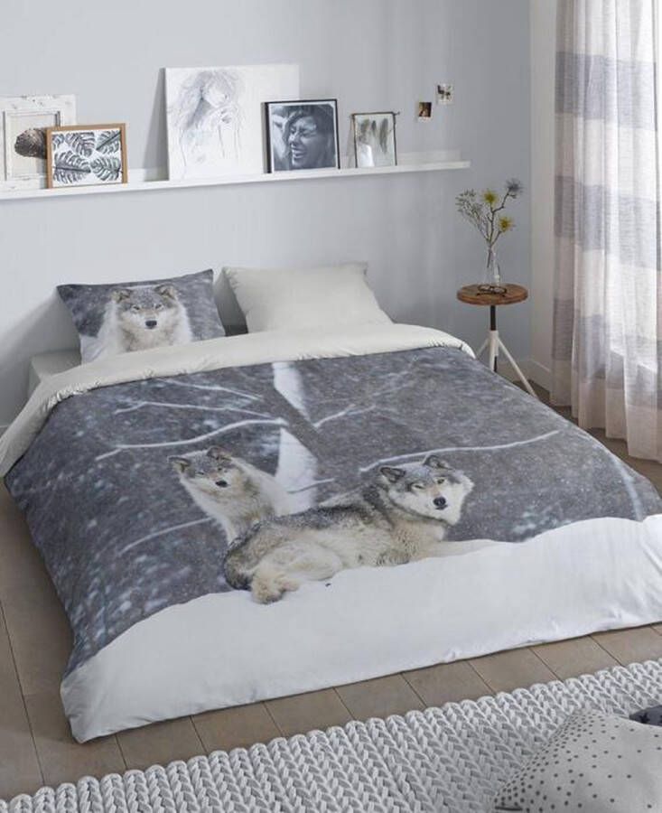 Good Morning Two Wolves Dekbedovertrek Flanel Tweepersoons 200x200 220 cm Grijs