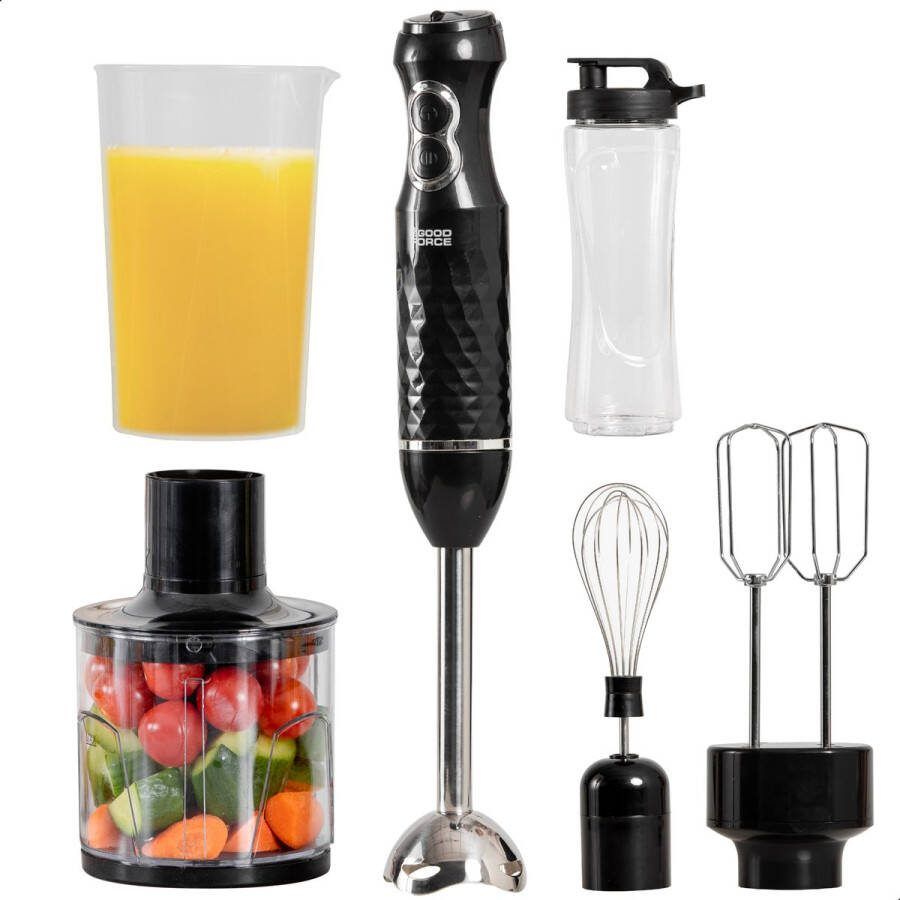 GoodForce RVS Staafmixer 6 in 1 Staafmixer Set met Hakmolen Smoothiemaker- Garde Klopper 600 ml Mengbeker