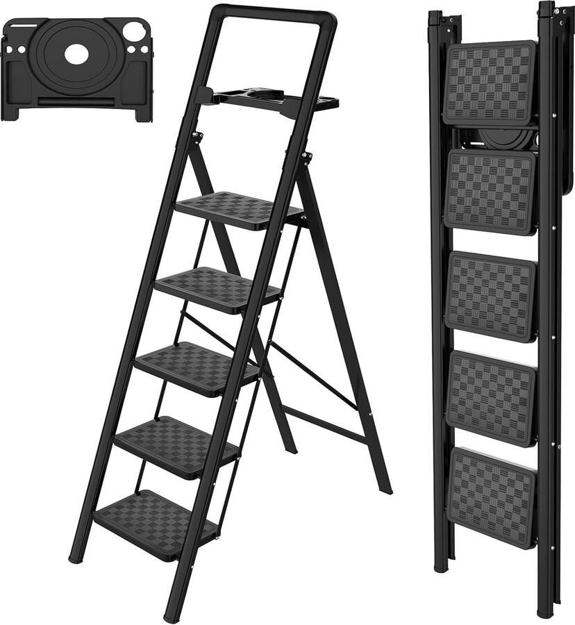 Goodivery Veilig en Compact Opvouwbare 5-traps Ladder met Brede Antislip Pedalen