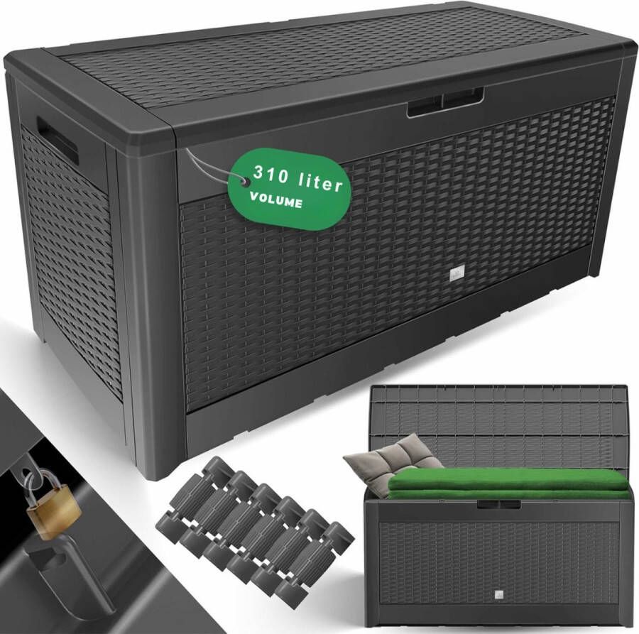 Goodivery -Opbergkist tuin Kussenbox 310 liter met wielen klapdeksel handgrepen rotanlook 119 x 60 x 48 cm Zwart