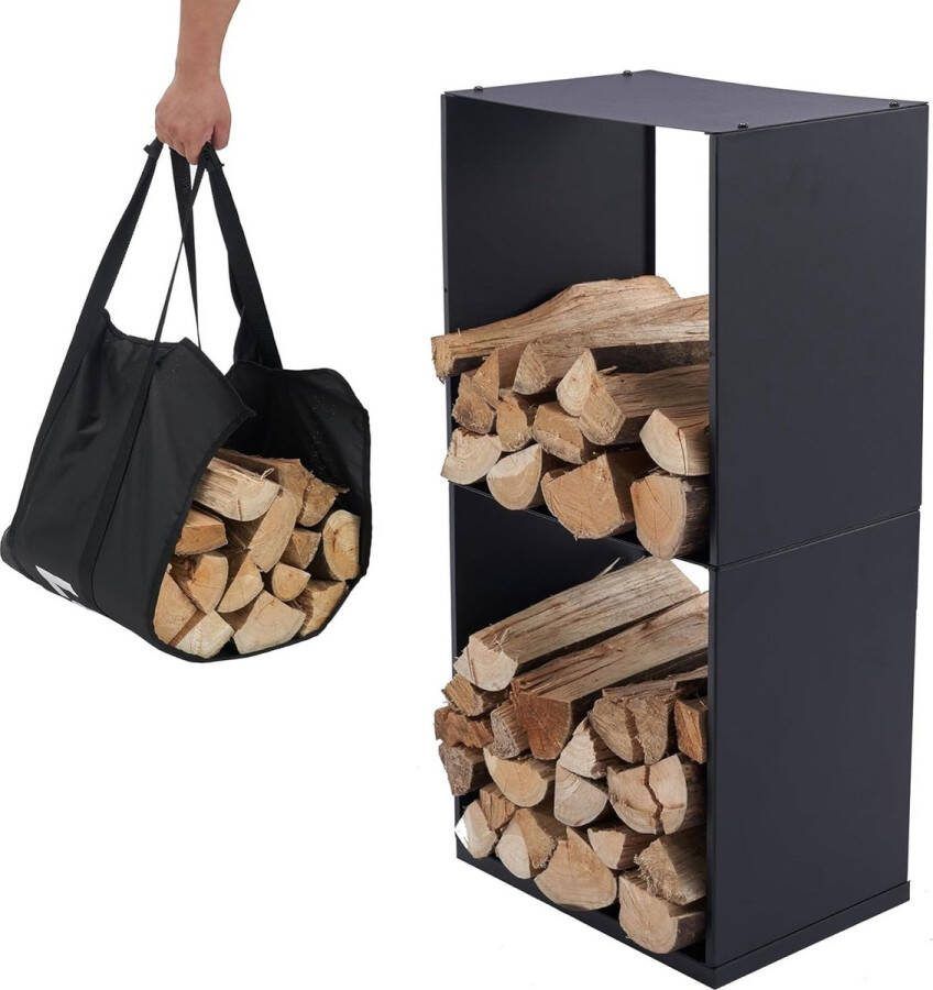 Goodivery Robuuste Houtopslag en Draagtas voor Binnen en Buiten Metalen Houtrek Zwart 40 x 28 x 80 cm