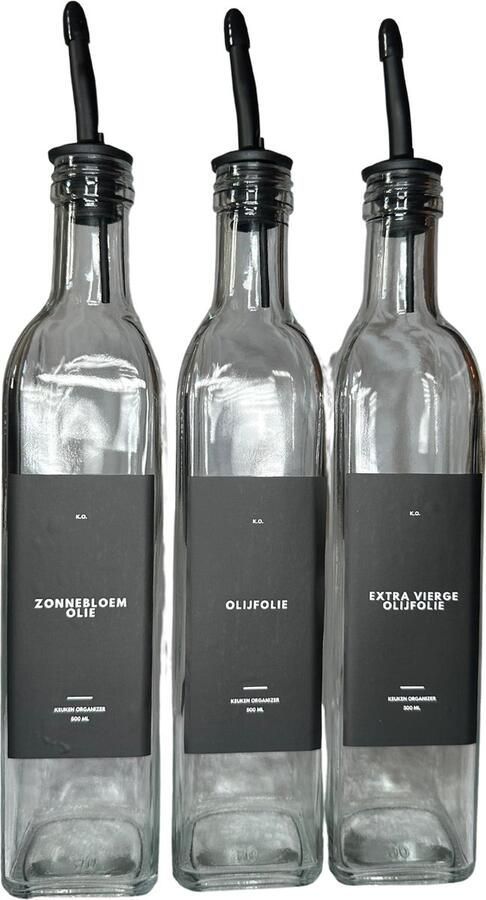 Goodz & Needz 3 glazen Olie azijn- en ketjap set Met Nederlandse voorbedrukte en blanco labels Trechter en Stift Met mat zwarte schenktuit Glas- Oliefles olijfolie 500 ml zwart