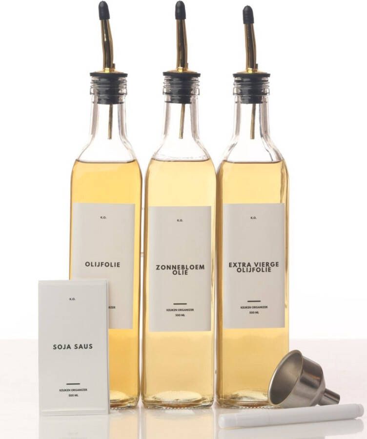 Goodz & Needz 3 glazen Olie azijn- en ketjap set Met Nederlandse voorbedrukte en blanco labels Trechter en Stift Met gouden schenktuit Glas- Oliefles olijfolie 500 ml Goud