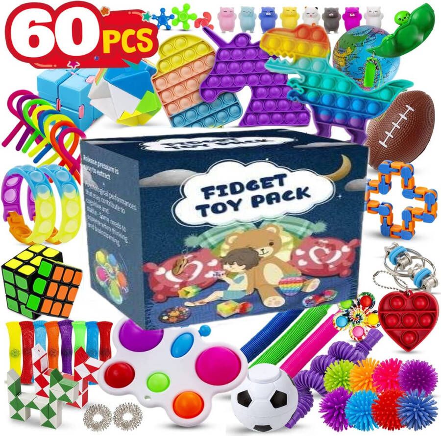 GoPlay Fidget Toys Pakket Fidget toys 60 stuks Fidget Toy Box Set voor Kinderen & Volwassenen Pop it Speed cube
