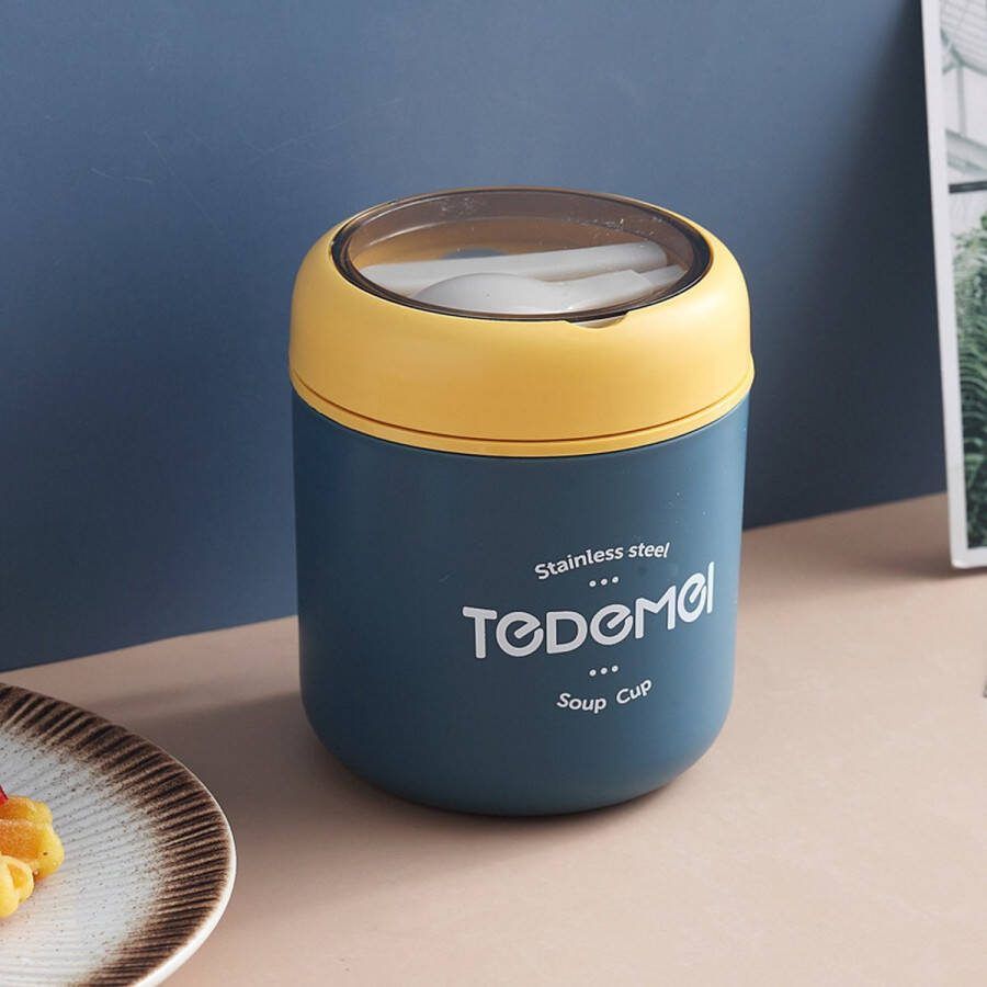 Gotrays 500 ml Lunchpot mueslibeker to go yoghurtbeker om mee te nemen beker met lepel dubbelwandige roestvrijstalen thermocontainer voor soepen muesli voor kinderen school werk picknick (Blauwe)