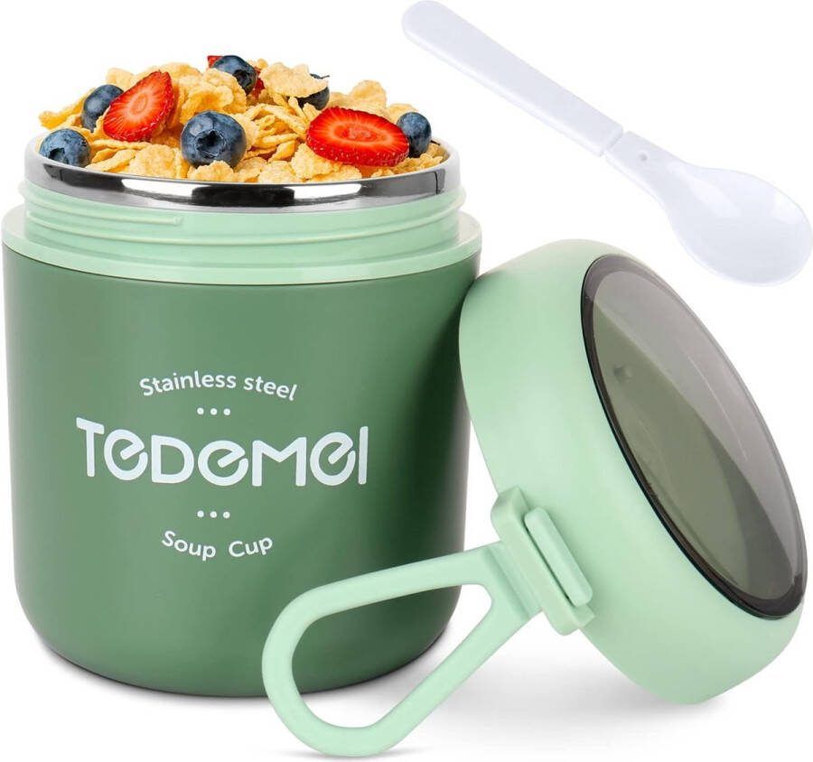Gotrays 530 ml Lunchpot mueslibeker to go yoghurtbeker om mee te nemen beker met lepel dubbelwandige roestvrijstalen thermocontainer voor soepen muesli voor kinderen school werk picknick (Groen)