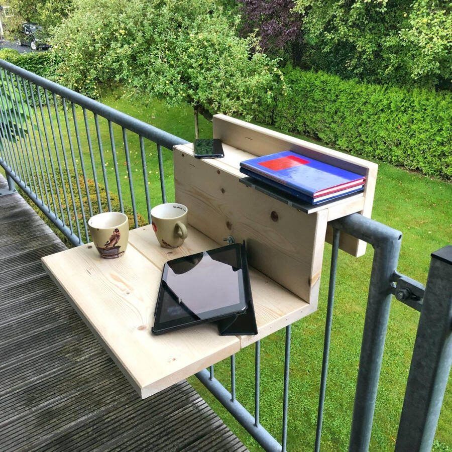GoudmetHout Balkontafel Niet Inklapbaar XL Balkonbar- Balkon tafel 49 cm Hout Transparant wash Reling Extra Breed