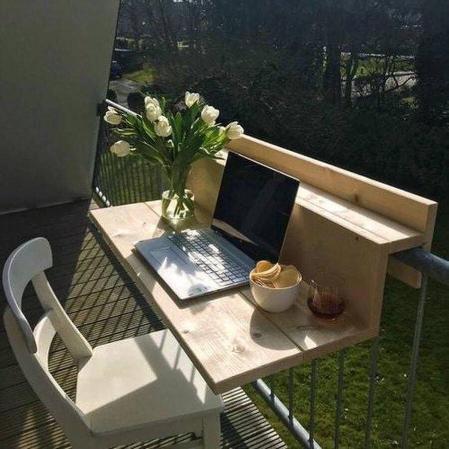 GoudmetHout Balkontafel Niet Inklapbaar XL Balkonbar- Balkon tafel 99 cm Hout Transparant wash Reling Extra Breed