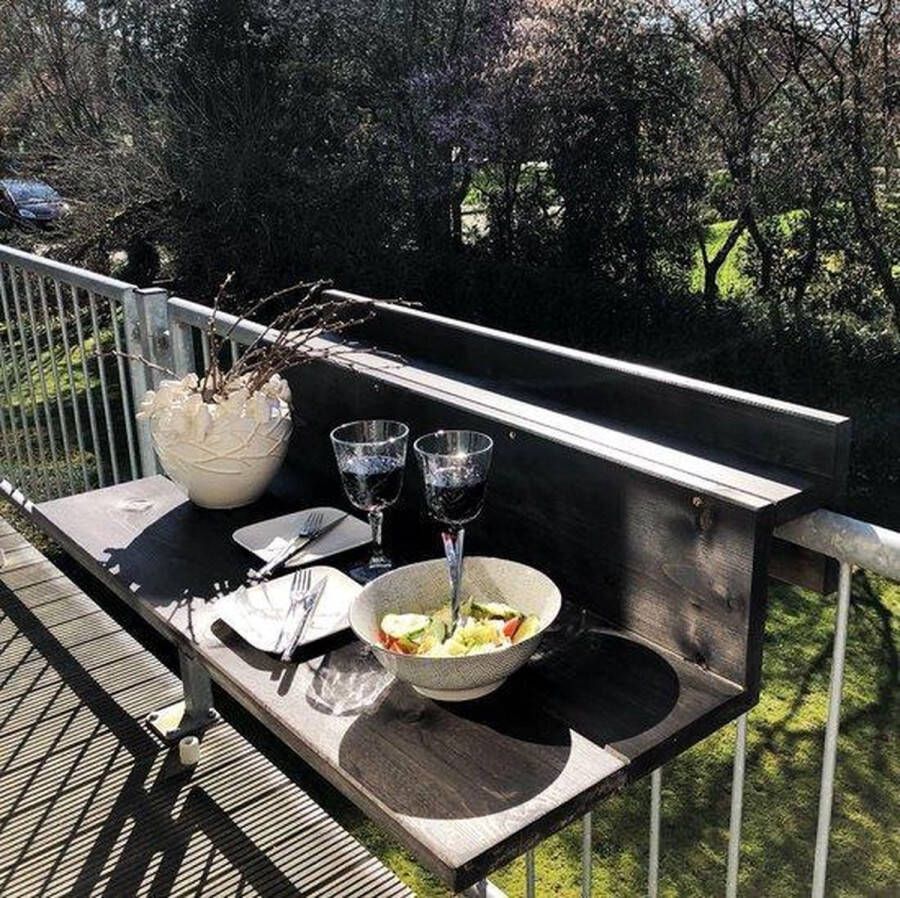 GoudmetHout Balkontafel Niet Inklapbaar XL Balkonbar Balkon tafel Hout 99 cm Black wash Reling breed