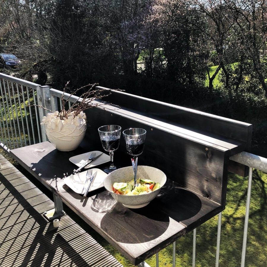 GoudmetHout Balkontafel Niet Inklapbaar XL Balkonbar- Balkon tafel Hout 99 cm Black wash Reling Smal