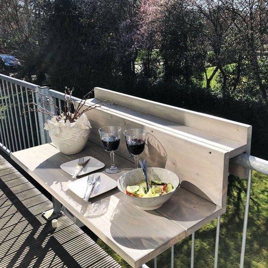 GoudmetHout Balkontafel Niet Inklapbaar XL Balkonbar- Balkon tafel Hout 99 cm Grey wash Reling breed