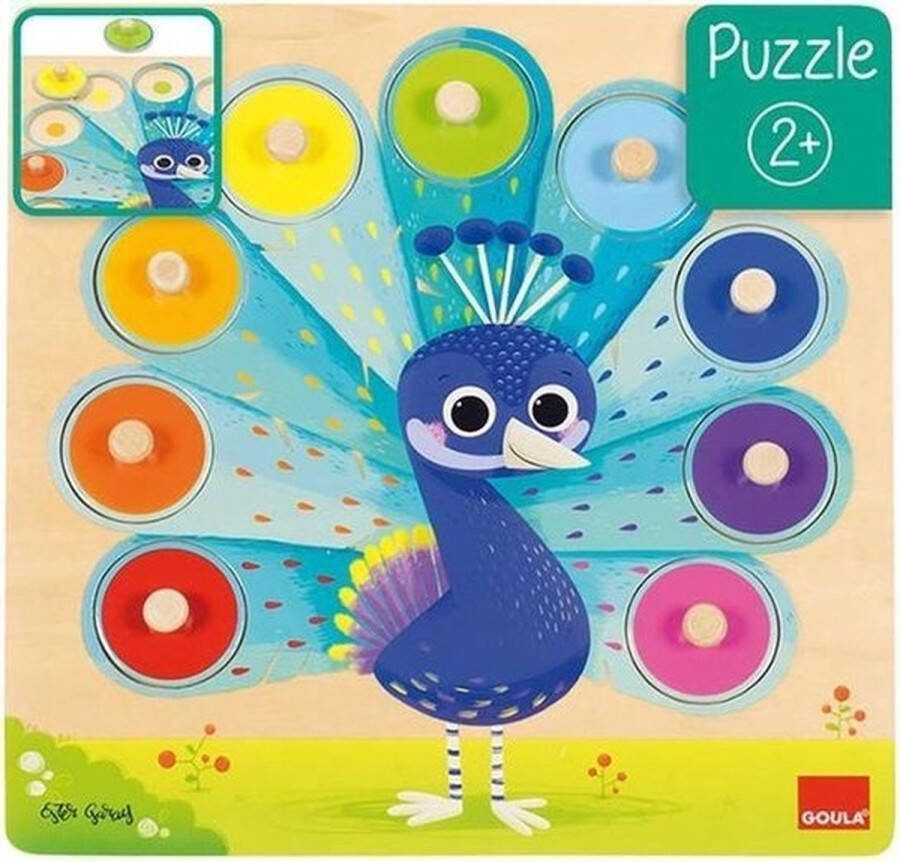 Goula Jumbo Houten Knoppuzzel Pauw Kinderpuzzel 9 stukjes