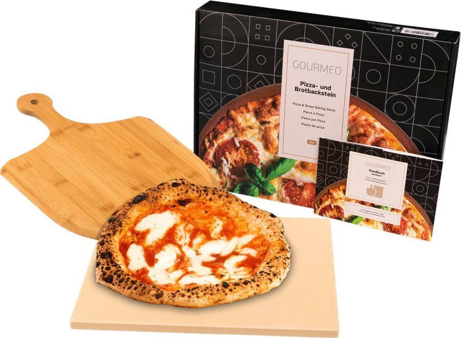 GOURMEO Pizzasteen set voor oven en grill rond Ø 33 cm incl. pizzasteen & pizzaschep van hoogwaardig bamboehout broodbaksteenset van cordieriet
