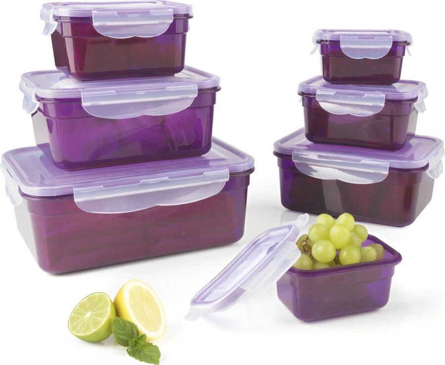 Gourmetmaxx Klick-it BPA-vrije bewaardozen set van 7 potten met deksels | vaatwasmachine- magnetron- en vriezerbestendig deksels met siliconen afdichting en 4-weg kliksluiting paars