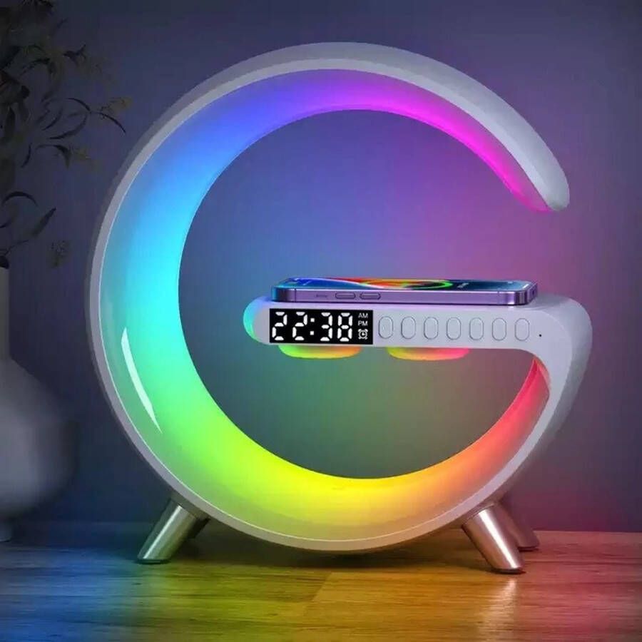 Gquality Wake up light Wekkerradio Lichtwekker Met draadloze oplader Bluetooth speaker Werkt met Google Home & Alexa Slaaphulpen Bluetooth Nachtlampje Digitale wekker Wireless charger Lichtwekker Bureaulamp Wit