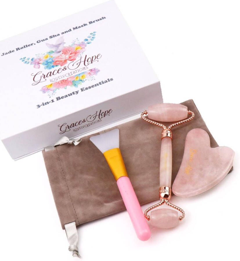 Grace&Hope Jade Roller Gua Sha Schraper en Masker kwast 3-in-1 Beauty Essentials set Massage Roze kleur Geschenkset vrouwen Gezichtsborstel Met Gratis Make-Up Etui