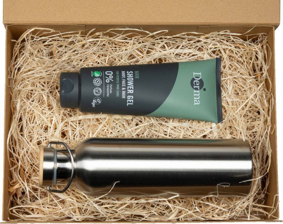 Grace is Green Cadeaupakket Pandoo RVS thermosfles + Derma eco man Douchegel Default Roestvrijstalen 3 in 1 Milieuvriendelijk