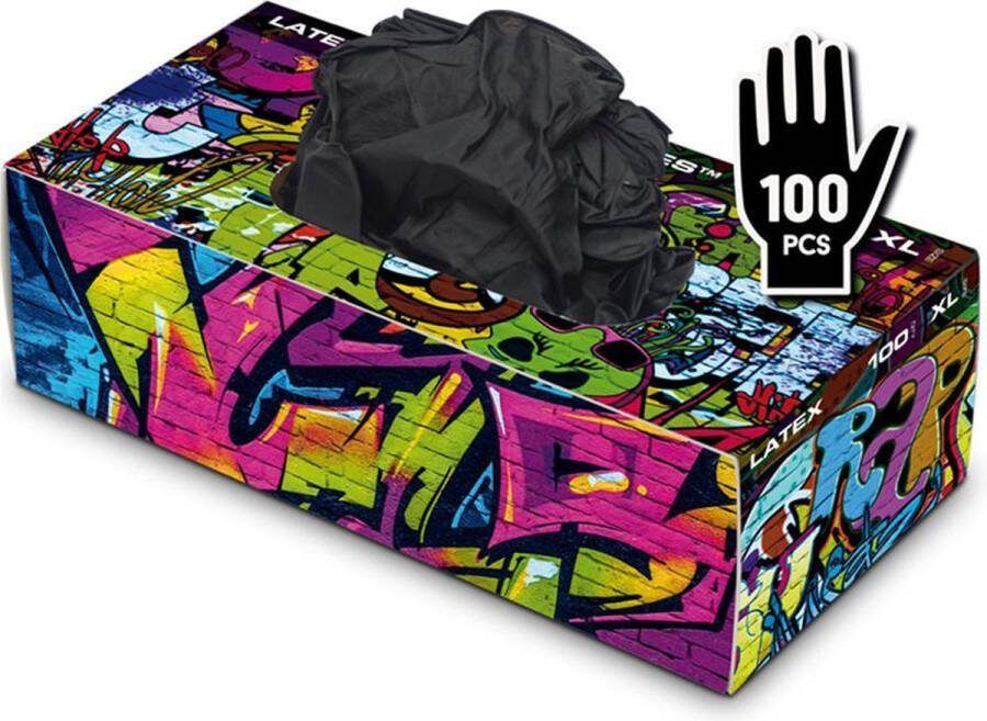 Graffiti Gloves Latex Wegwerp Handschoenen Zwart Poedervrij Maat XL (Extra Large) 100 stuks