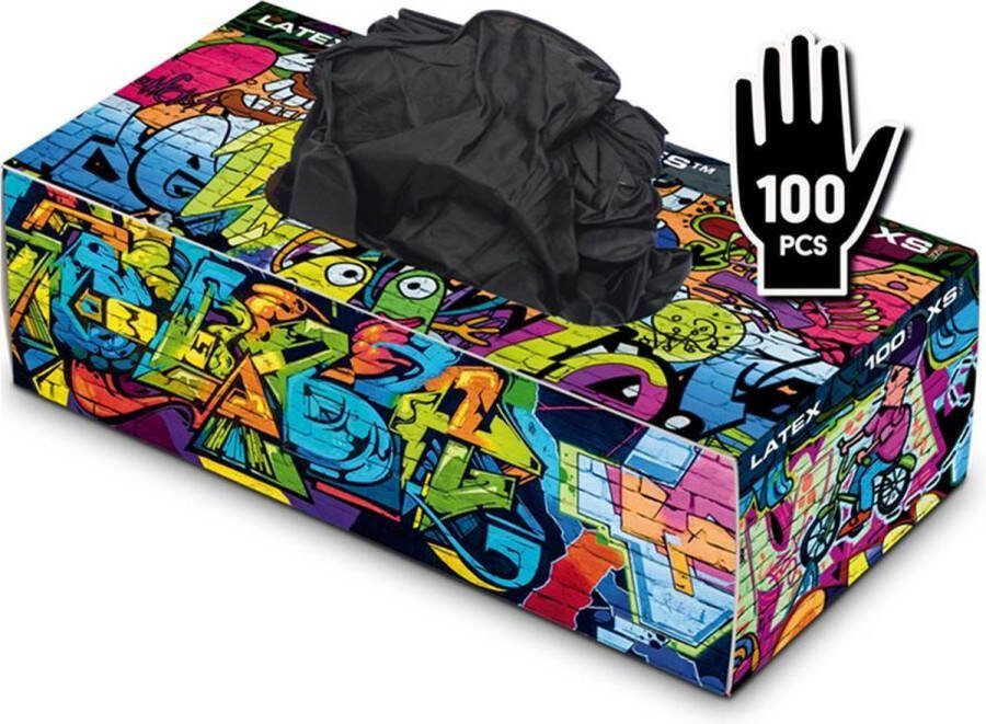 Graffiti Gloves Latex Wegwerp Handschoenen Zwart Poedervrij Maat XS (Extra Small) 100 stuks