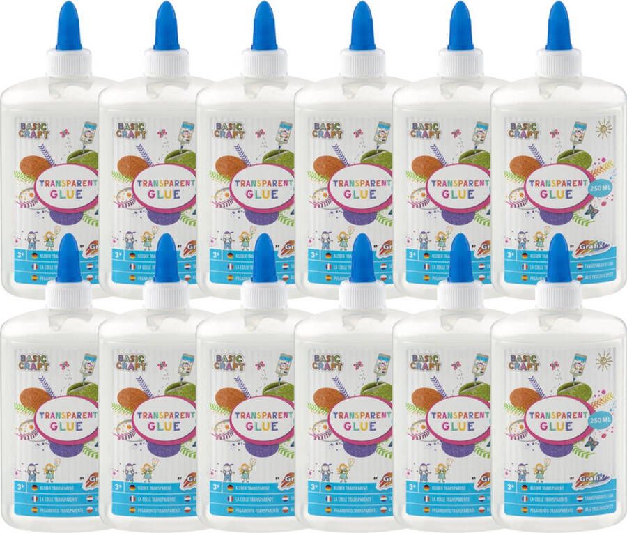 Grafix 12 x Knutsellijm | 12 x 250ml transparante hobbylijm | Knutselen voor kinderen | Hobbylijm voorraad voor scholen en knutselgroepjes |