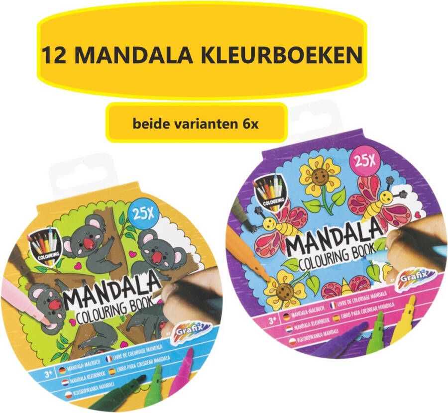 Grafix 12X Mandala Kleurboek | 2 varianten | Dia 15 CM | Uitdeelcadeautje | 25 kleurplaten per kleurboek | Kleuren voor Kinderen