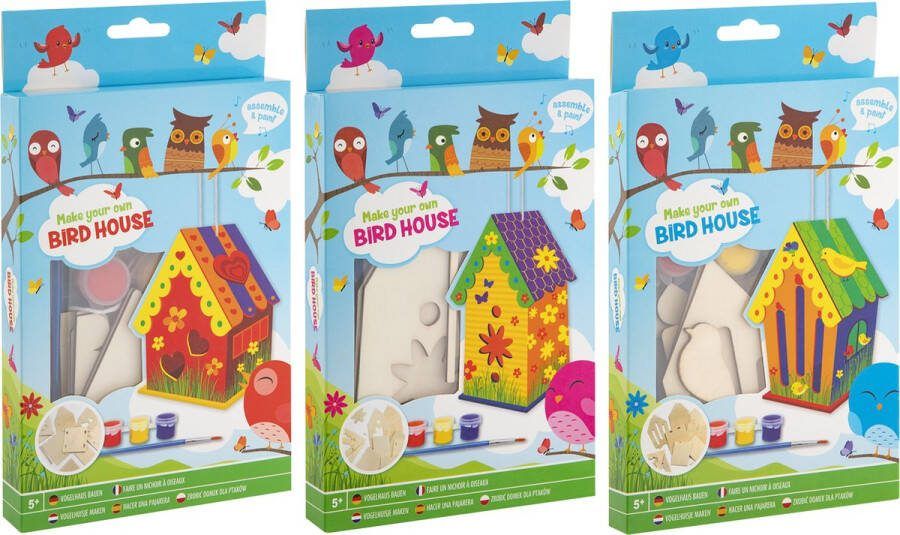Grafix 3-delige Kinder Knutselset Bouw & Versier je Eigen Vogelhuisje Educatief Buitenspeelgoed voor Tuindecoratie