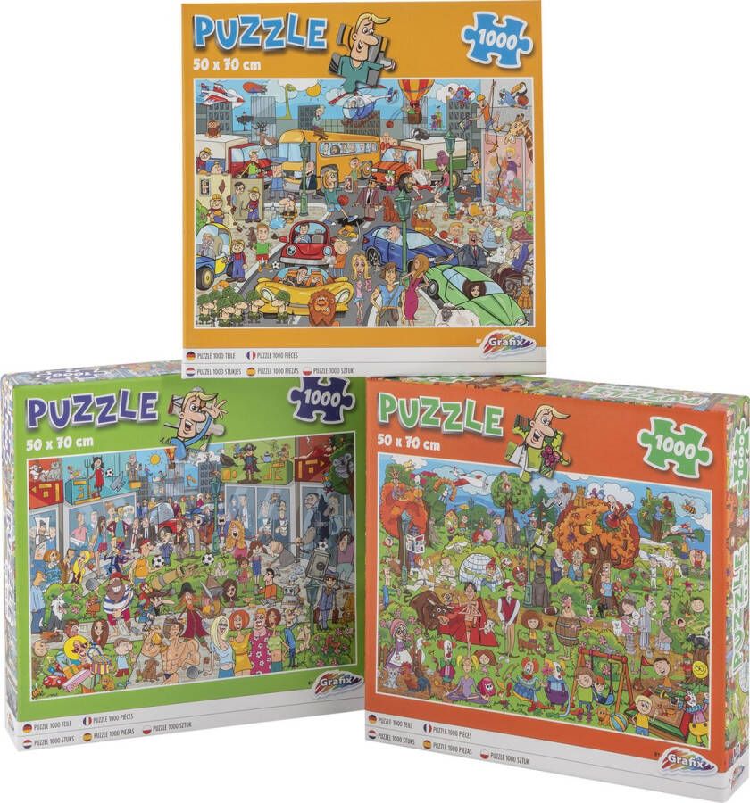 Grafix 3-pack Komische Puzzels 1000 Stukjes 50x70CM Traffic Park Life Shopping Mall Voor Volwassenen en Kinderen vanaf 12 jaar
