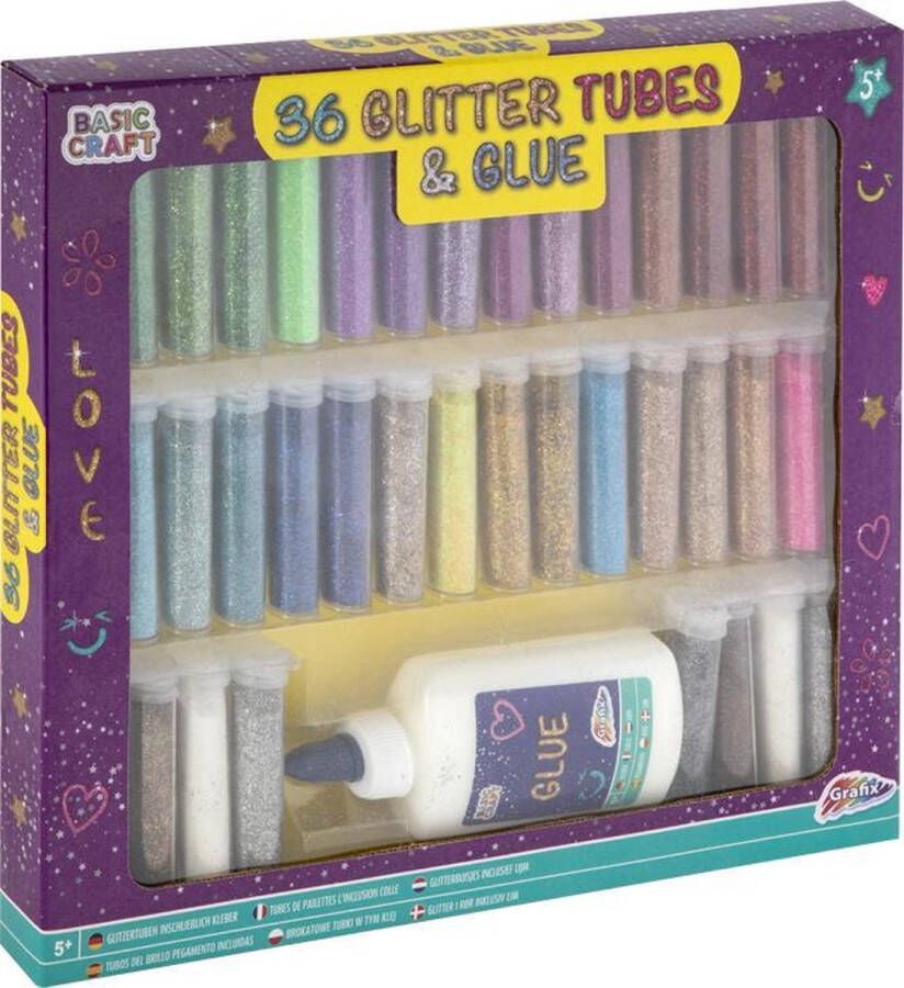 Grafix 36 glitterbuisjes inclusief hobbylijm van knutselen voor kinderen glitters knutsel strooi glitter