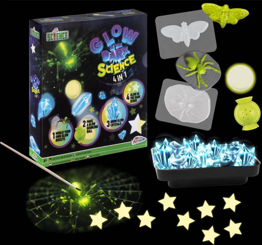 Grafix 4 in 1 Experimenteerdoos Glow in the Dark | Wetenschap speelgoed | Glow in the Dark stuiterbal Groeiende Glow Kristallen Glow in the Dark Sterren Glow in the Dark Insecten | Educatief speelgoed voor kinderen vanaf 8 jaar