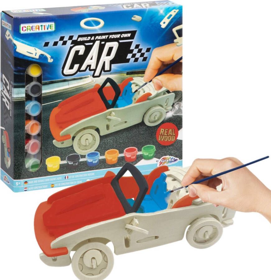 Grafix Auto Constructiespeelgoed Houten bouwpakket | Inclusief verf | Knutselpakket voor kinderen | Houten voertuigen bouwen
