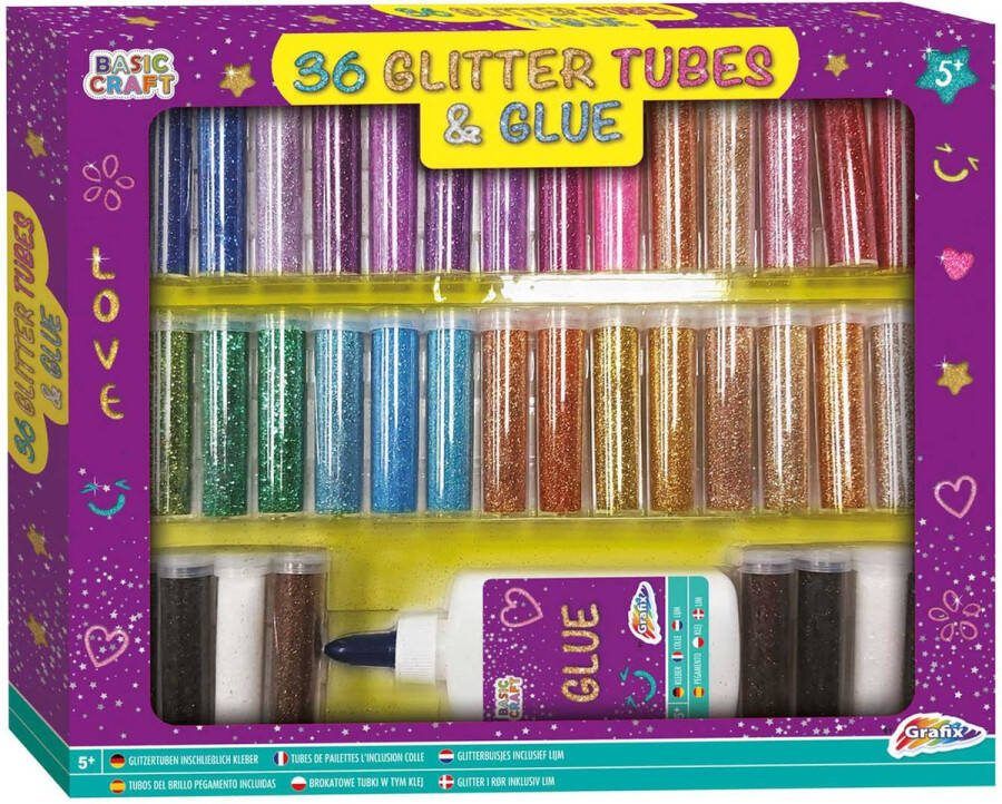 Grafix Basic Craft Glitter Tubes Set 36x10 gr knutsel hobbyset glitter en lijm set