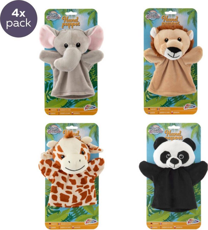 Grafix Dieren handpoppen | 4 stuks | Panda Leeuw Giraf Olifant | handpoppen voor poppenkast