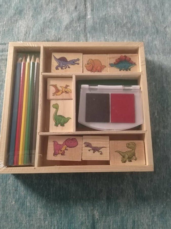 Grafix Dinosaur houten stempel set 15 delig met kleurboek willekeurig