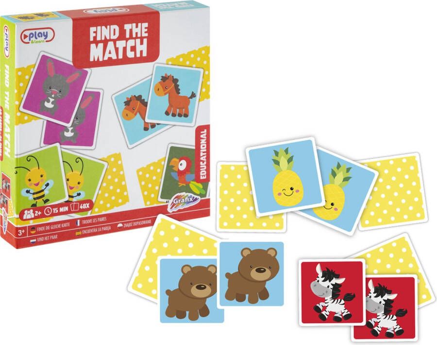 Grafix Find The Match | Dieren Memory | Baby & Peuter spelletjes | Kaartspel | Vind het Paar | 48 kaarten 24 matches | Memory voor kinderen vanaf 3 jaar