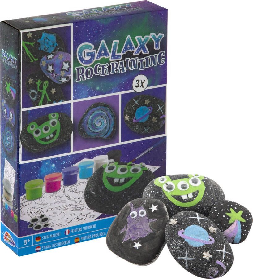 Grafix Galaxy Rock Painting Set voor Happy Stones met 3 stenen 5 kleuren verf zilveren sterren en stickervel Creatief speelgoed voor kinderen vanaf 5 jaar Inclusief kwast