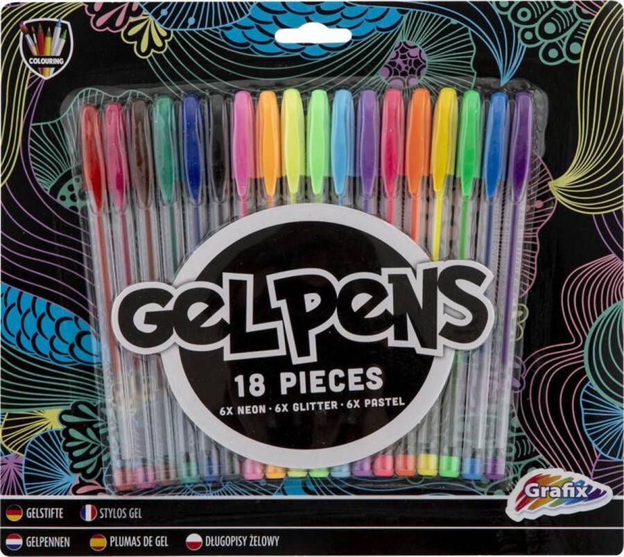 Grafix Gelpennen | Gekleurde gelpennen | Glitter gelpennen | Neon gelpennen | 18 stuks