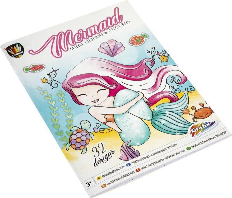 Grafix Glitter kleurboek en stickerboek Thema Zeemeermin 32 designs 2 stickervellen A4