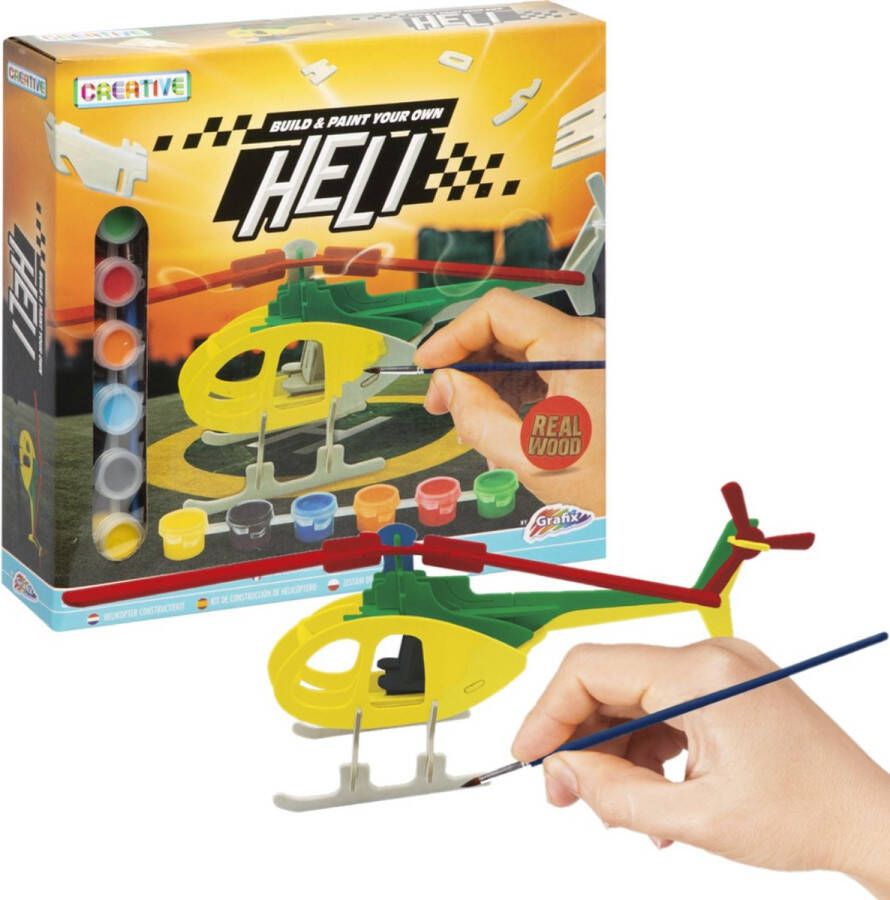 Grafix Helikopter Constructiespeelgoed Houten bouwpakket | Inclusief verf | Knutselpakket voor kinderen | Houten voertuigen bouwen |