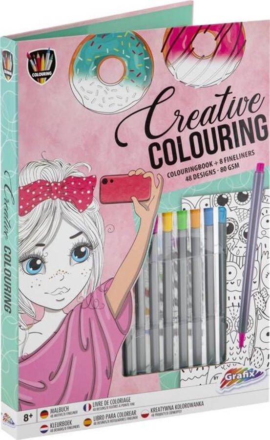 Grafix Kleurboek voor kinderen | Creatief kleurboek inclusief 8 fineliners | 48 designs | All-in map | kleuren voor meisjes |