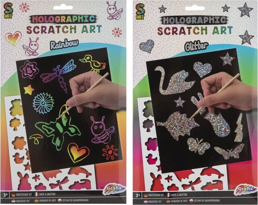 Grafix Krastekeningen voor kinderen Glitter Scratch Art 4 stuks Inclusief houtpen Inclusief stencils